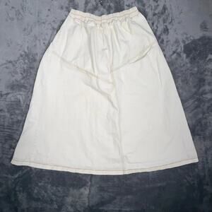 Womens Vintage Cream Cotton A-Line‎ Midi Skirt Elastic Waist Pockets Casual Boho